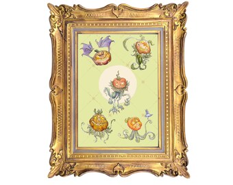 Pumpkin Creature Fantasy Art Print | Whimsical Watercolor Graphite Monster Set | 5x7 Harvest Decor
