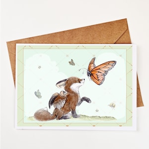 Carte de voeux de renard ailé et de monarque - amitié aquarelle, art de la nature, art fantastique lunatique, carte d'art fantastique 5 x 7, cadeau correspondant