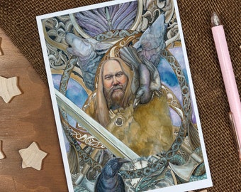 Fantasy Art Card-Viking Explorer-Blank Greeting Card-Viking Art-Vegsivr Art-Pen Pals-Norse Art-Odin-Hugin Muninn-Geri Freki-Viking Ship