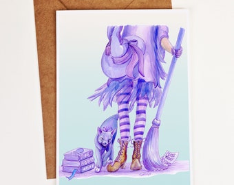 Witchcore Art Card-Flying Lessons- Witch's Black Cat Familiar-Halloween-Goth Pen Pal-School of Witchcraft Stationary-Kawaii Witch Aesthetic-