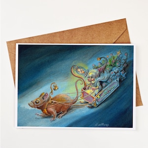 Fairycore Feiertags-Grußkarte. Den Baum nach Hause bringen. Leere Fantasy Fee Weihnachtskarte Wintersonnenwende Yule Fantasy. Süßer Maus Schlitten