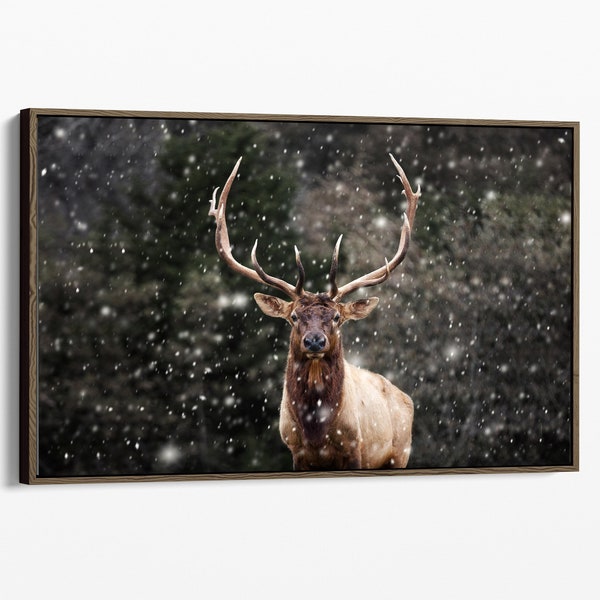 Rustic Framed Canvas Elk Wall Art - Winter Wildlife Photography - Modern Fireplace Picture - Lodge Cabin Rustic Home Decor Man Cave