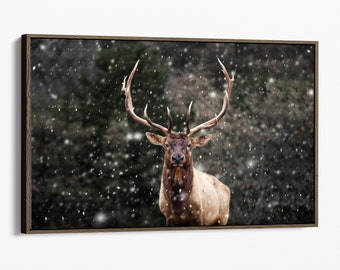 Rustic Framed Canvas Elk Wall Art - Winter Wildlife Photography - Modern Fireplace Picture - Lodge Cabin Rustic Home Decor Man Cave