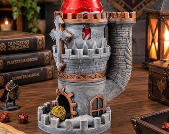 Soporte para latas y torre de dados con forma de castillo, soporte para bebidas medieval, torre de dados para D&D, accesorio para juegos de rol, regalo de fantasía, regalo para jugadores de juegos de mesa.