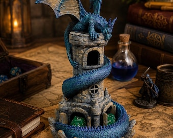 Torre de dados de dragón, torre de dados de fantasía, torre de dados de rol de dragón, accesorio para juegos de mesa D&D, regalo para jugadores, lanzador de dados, decoración de fantasía