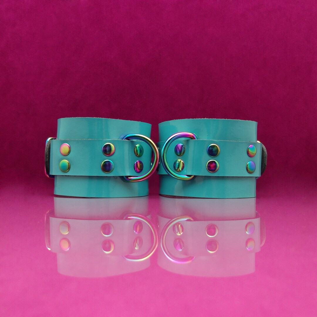 Cuffs Rainbow Light Blue Patent Leather Wrist Cuffs With Etsy