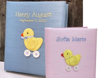 Baby Memory Book in Shantung with Baby Chick on Wheels