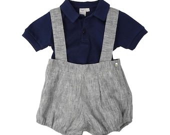 Boy Linen Romper Shorts with Polo