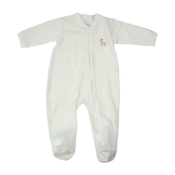 Baby White Footie Pajama Embroidered Giraffe Pima Cotton Sleepwear Baby Footie Pj s Etsy Ireland