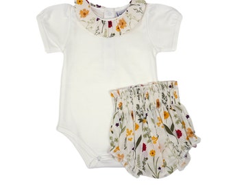 Floral Vines Baby Bodysuit Set: Pima Baumwolle Rüschenkragen Outfit