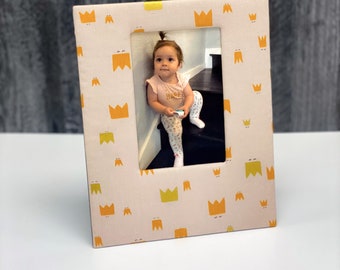 Personalized Baby Photo Frame 4x6 or 5x7 - Royal Folk Crown Design 100% Cotton. Custom Baby Frame, Baby Picture Frame, Photo Frame