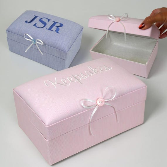 A micro striped cotton keepsake box with personalized embroidery — 65 favorites signals real demand, and the 'a person stitched this for your baby' factor is genuine.