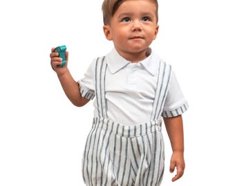 Boy Striped Linen Romper Shorts with Polo