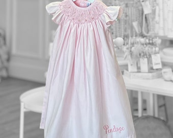 Baby Girl Light Pink Smocked Dress with Flutter Sleeves — Personalized Smock Dress, Soft Cotton Infant Dress 6-12 & 12-18 Months