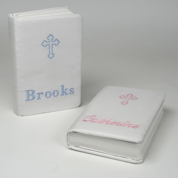 Personalized Baby Bible in Shantung Embroidered Name and Cross