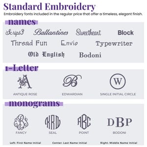 May include: A chart titled Standard Embroidery displaying various font styles for names, 1-letter initials, and monograms. The names section includes Script3, Ballantines, Sweetheart, Block, Thread Fun, Envio, Typewriter, Old English, and Bodoni. The 1-letter section shows Antique Rose, Edwardian, and Single Initial Circle. The monograms section features Fancy, Seal, Point, and Bodoni styles with labels for First, Last, and Middle name initials.