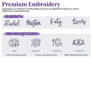 May include: A chart displaying Premium Embroidery options with names in script fonts including Rachel, Kristen, Katy, and Lovely. Below are monograms labeled Vine, Geneva, Fishtail, and Upright, with instructions for First, Last, and Middle name initials.