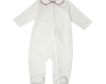 Białe dziecięce skarpetki Pima z kołnierzykiem z kolorową lamówką i dwukierunkowym zamkiem błyskawicznym z przodu - czerwone wykończenie // Skarpetki dla noworodków