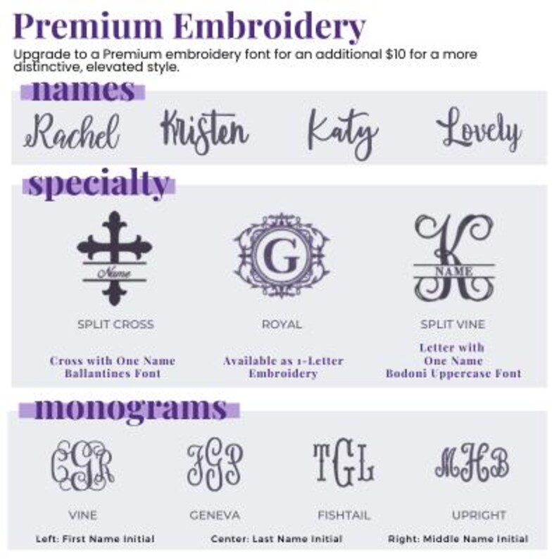 May include: A chart displaying Premium Embroidery options including names in script fonts, specialty designs like a split cross, royal crest, and split vine, and monograms in vine, geneva, fishtail, and upright styles with descriptive text labels.