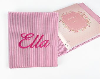 Personalized Seersucker Striped Cotton Baby Memory Book: Embroidered Keepsake