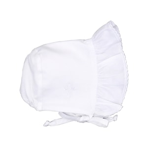 Christening Bonnet on Piqué - Embroidered Cross / Baptism Bonnet, Baby Christening Bonnet, Monogrammed Bonnet