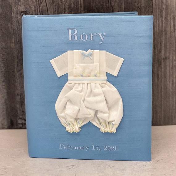 Personalized Blue Shantung Baby Memory Book: Embroidered Keepsake