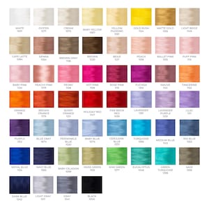 May include: A color chart displaying sixty-four individual spools of embroidery thread arranged in a grid. Each square shows a unique thread color with its corresponding name and numerical code printed in black text below the sample.