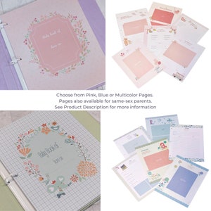 May include: A baby memory book with ring-bound pages featuring floral and animal illustrations. The pages include sections for photos and written details, with pink, blue, and multicolored themes available for various family structures.