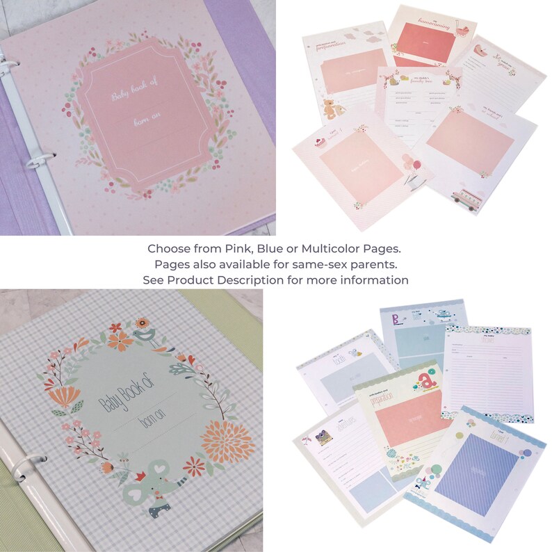 May include: A baby memory book with ring-bound pages featuring floral and animal illustrations. The pages include sections for photos and written details, with pink, blue, and multicolored themes available for various family structures.