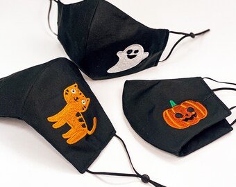 Embroidered Halloween Face Masks. 100% Cotton. 3 Layers. Metal Nose Bridge. Adjustable Elastic Ear Straps option. Made in the U.S.A.