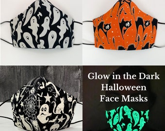 Glow In The Dark Halloween Face Mask. 100% Cotton. 3 Layers. Metal Nose Bridge. Adjustable Elastic Ear Straps option. Made in the U.S.A.