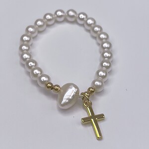 Gold Brass Cross Pearls with Water Pearl Christening Bracelet // Babptism bracelet