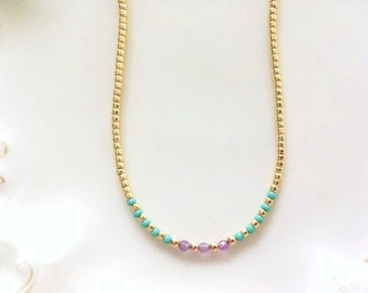 Rainbow NecklaceTiny Colorful Bead NecklaceTiny Beads NecklaceColorful NecklaceDelicate Bead NecklaceThin Gold Necklace