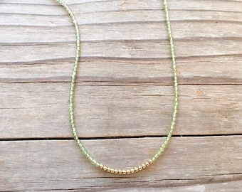 Peridot Ultra Dainty Necklace, Gold Beads, Tiny Gemstone Choker, Delicate Minimalist, Green Crystal Necklace, Layering Choker, Gift for Her