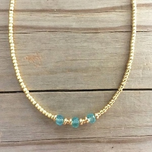 Blue Apatite Beaded Necklace, Dainty Delicate Gemstone Necklace, Tiny Blue Crystals, Seed Bead Choker, 14k Gold Filled, Layering Necklace