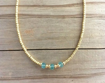 Blue Apatite Necklace, Delicate Bead Necklace, Dainty Gemstone Necklace, Tiny Blue Crystals, Seed Bead Choker, Layering Womens Necklace
