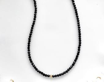 Black Spinel Necklace, Tiny Gold Filled Bead, Small Gemstone Necklace, Dainty Delicate Minimalist, Black Crystal Choker, Layering Necklace