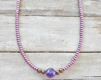 Amethyst Dainty Necklace, Tiny Bead Jewelry, Seed Bead Choker Necklace, Minimalist Delicate Necklace, Womens Layering Necklace, Gift for Her