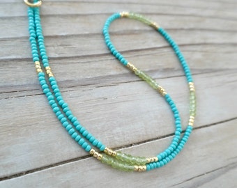 Peridot and Turquoise Blue Bead Necklace, Seed Bead Choker Necklace, Delicate Dainty Minimalist, Layering Necklace, Gift for Her