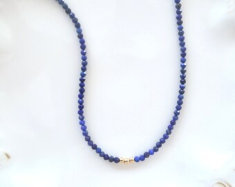 Lapis Lazuli Beaded Necklace, Gold Filled Beads, Dainty Bead Choker, Tiny Gemstone Necklace, Delicate Minimalist Necklace, Layering Necklace