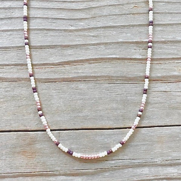 Tiny Bead Neutral Necklace, Rose Brown Cream Beads, Seed Bead Choker, Simple Dainty Minimalist Jewelry, Thin Layering Necklace, Gift for Her