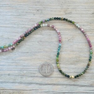 May include: A multi-colored gemstone necklace with a gold bead accent. The necklace is made of small, round beads in shades of pink, green, and blue.