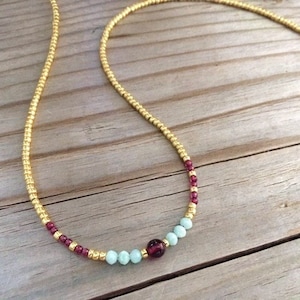 Garnet Delicate Necklace, Tiny Gemstone Necklace, Dainty Minimalist Beaded Choker, Seed Bead Choker, Womens Layering Necklace, Gift for Her