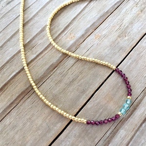 Dainty Garnet and Aquamarine Necklace, Gemstone Necklace, Delicate Minimalist, Seed Bead Choker, Tiny Red Crystals, Skinny Layering Necklace