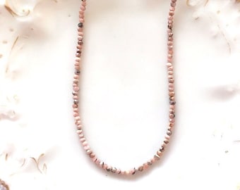 Tiny Rhodochrosite Necklace, Ultra Dainty Bead Necklace, Champagne Pink Crystals, Thin Gemstone Necklace, Earth Tone Beaded Necklace for Her