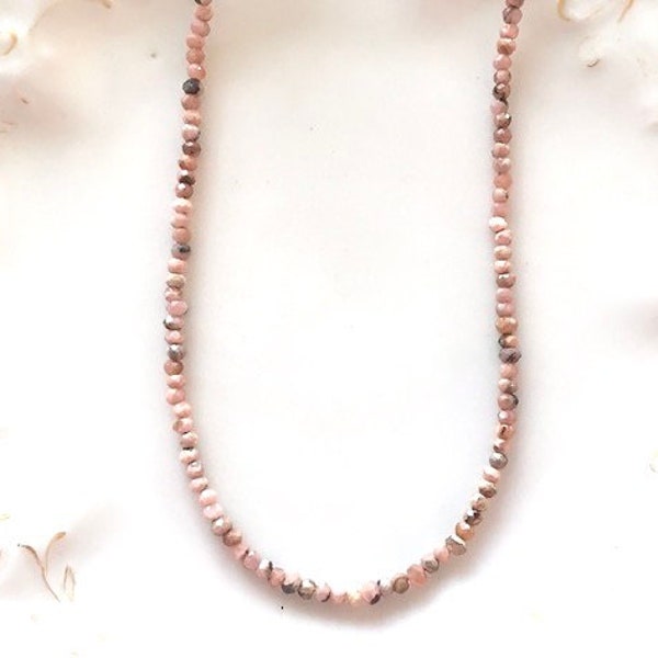 Minimalist Rhodochrosite Necklace, Tiny Gemstone Necklace, Earth Tone Crystals, Simple Dainty Beaded Necklace, Womens Layering Necklace