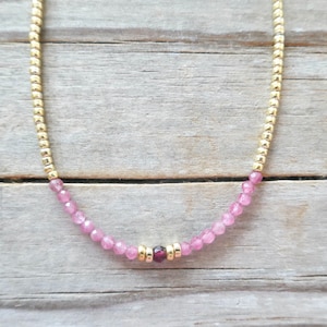 Pink Tourmaline Garnet Beaded Necklace, Gold Filled Beads, Tiny Gemstone Choker, Minimalist Dainty, Pink Bead Jewelry, Layering Gift for Her