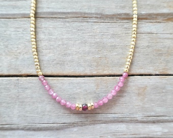 Pink Tourmaline Garnet Beaded Necklace, Gold Filled Beads, Tiny Gemstone Choker, Minimalist Dainty, Pink Bead Jewelry, Layering Gift for Her