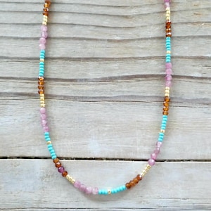 Tiny Gemstone Beaded Necklace, Colorful Gemstone Choker, Multicolor Crystals, Dainty Delicate Minimalist, 14k Gold Filled, Gift For Her