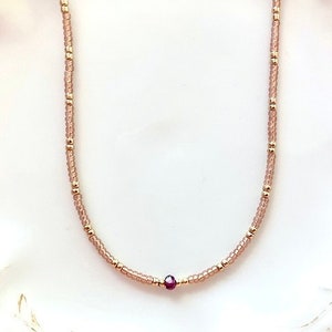 Ultra Dainty Garnet Necklace, Tiny Red Gemstone Necklace, Delicate Seed Bead Choker, Small Crystal Beads, Simple Minimalist Boho Necklace
